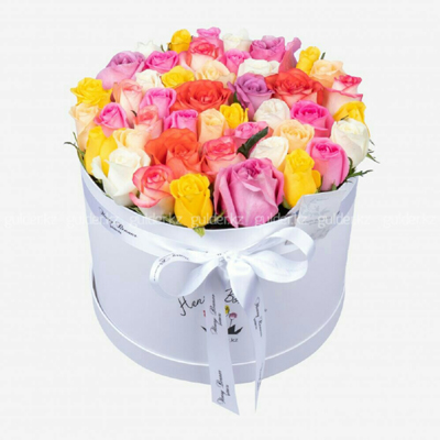 send mix color roses in bucket 
